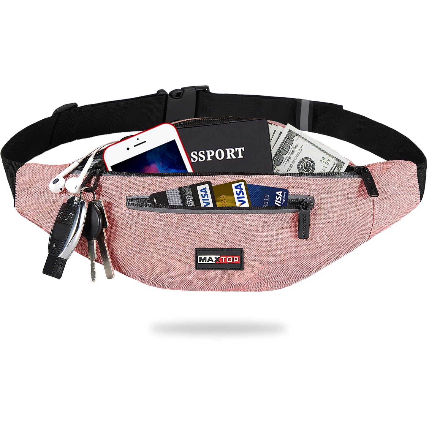 MAXTOP Small Fanny Pack for Men Women - Waist Pack Bag with Headphone Jack and 3-Zipper Pockets Adjustable Strap for Outdoors Traveling Casual Running Hiking Festival Thanksgiving Gifts